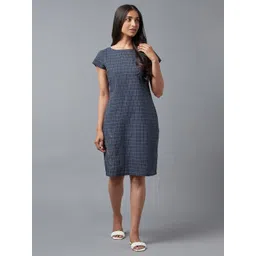 W Blue Checked Pure Cotton Sheath Dress-picture-13