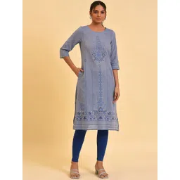 W Blue Ethnic Motifs Printed Pure Cotton Kurta-picture-11
