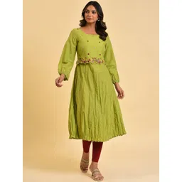 W Floral Embroidered Puff Sleeves A-Line Pure Cotton Kurta-picture-19