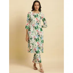 W Floral Printed Regular Pure Cotton Kurta With Trousers-picture-31