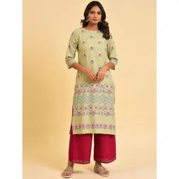 W Green & Pink Floral Printed Straight Kurta-picture-11