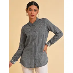 W Grey Striped Embroidered Pure Cotton Shirt Style Top-picture-33