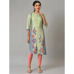 W Mint Green Floral Print Straight Kurta-picture-14
