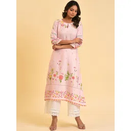 W Pink & Yellow Floral Printed Keyhole Neck Kurta-picture-16