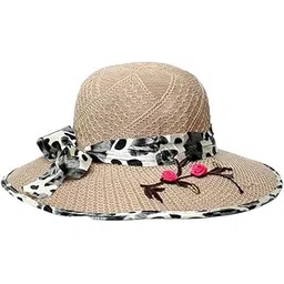 w+ Summer Flower Brim Floppy Printed Ribbon Beach Straw Hats for Women (Khakhi)-picture-31