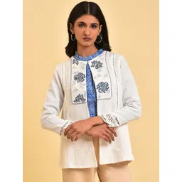 W White & Blue Floral Embroidered Open-Front Cotton Jacket-image-33