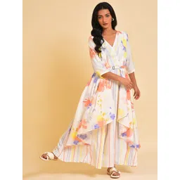 W White & Peach-Coloured Floral Printed Pleated Belted Culotte Jumpsuit-picture-21