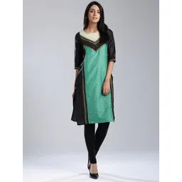 W Women Black & Sea Green Printed Straight Kurta-picture-43
