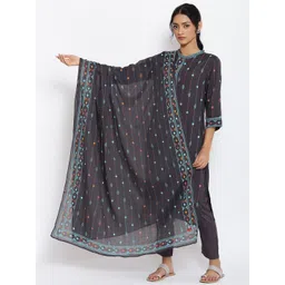 W Women Black Ethnic Motifs Woven Design Pure Cotton Dupatta-picture-25