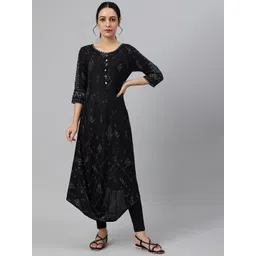 W Women Black Geometric Printed Mirror Work Kurta-picture-37