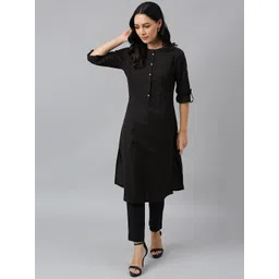 W Women Black Solid Mandarin Collar Cotton Kurta-picture-24