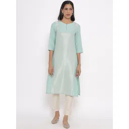 W Women Blue Jacquard Kurta with Embroidered Yoke-picture-19