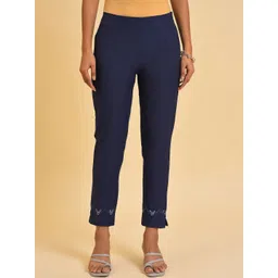 W Women Blue Slim Fit Pure Cotton Cigarette Trousers-picture-19