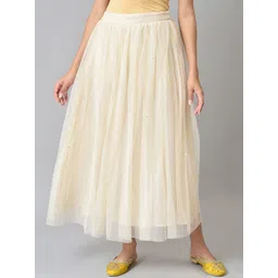 W Women Cream Solid Flared Maxi Skirt-picture-13