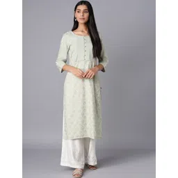 W Women Green & White Floral Printed Thread Work Kurta-picture-43