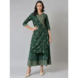 W Women Green Glitter Printed Angrakha Jumpsuit-image-38