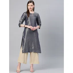 W Women Navy Blue & Golden Zari Woven Design Straight Kurta-picture-40