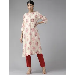 W Women Off White & Pink Ethnic Motifs Printed Straight Kurta-picture-37