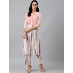 W Women Pink & Blue Striped Kurta image 1