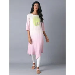 W Women Pink & Yellow Floral Embroidered Thread Work Boat Neck Kurta-picture-21