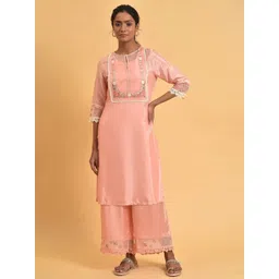 W Women Pink Floral Yoke Design Keyhole Neck Thread Work Kurta-picture-34