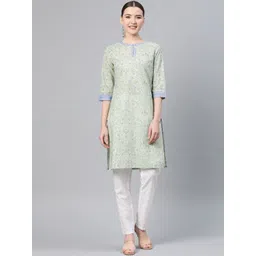 W Women Sea Green & Blue Floral Printed Pure Cotton Straight Kurta-picture-48