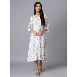 W Women White & Blue Floral A-Line Midi Dress-picture-37
