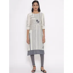 W Women White & Grey Striped A-Line Kurta-picture-20