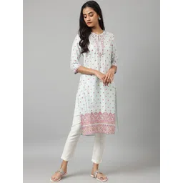 W Women White Floral Printed Keyhole Neck Thread Work Floral Kurta-picture-17