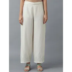 W Women White Floral Printed Parallel Fit Trousers-picture-29