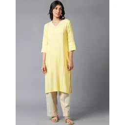 W Women Yellow & White Striped Kurta-picture-27