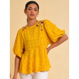 W Yellow Polka Dots Printed Puff Sleeves Embeoidered Pepium Top-picture-22