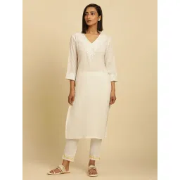 W White Cotton Embroidered Straight Kurta-picture-36