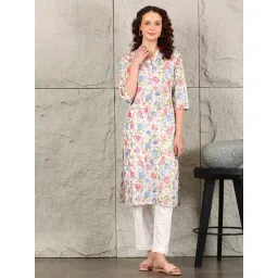 W White Cotton Floral Print Straight Kurta-picture-28