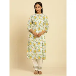 W White Cotton Floral Print Straight Kurta-picture-25