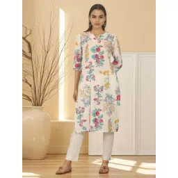 W White Pure Cotton Floral Three-Quarter Sleeves Kurta-picture-37