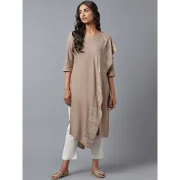 W Women Beige Saree Drapped Kurta in V-neck with Thread Embroidery-picture-26