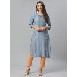 W Women Blue & Black Printed Straight Kurta-picture-34
