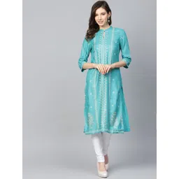 W Women Blue & Off-White Floral Printed Straight Kurta-picture-46