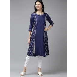 W Women Blue & White Floral Printed Round-Neck Indigo Kurta-picture-44