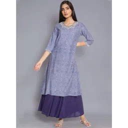 W Women Blue & White Geometric Embroidered Kurta-picture-34