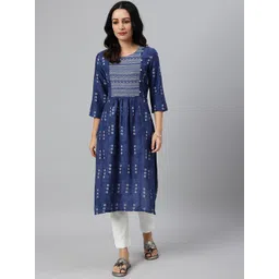 W Women Blue Ethnic Motifs Printed Flared Sleeves Handloom Kurta-picture-13