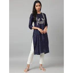 W Women Blue Ethnic Motifs Printed Thread Work Indie Prints Kurta-picture-10