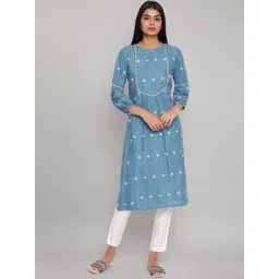 W Women Blue Geometric Embroidered Keyhole Neck Flared Sleeves Thread Work Kurta-picture-25