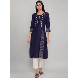 W Women Blue Geometric Embroidered Thread Work Kurta-picture-33