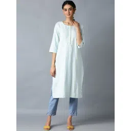 W Women Blue Geometric Print Rayon Straight Kurta-picture-10