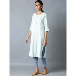 W Women Blue Geometric Print Rayon Straight Kurta image 3