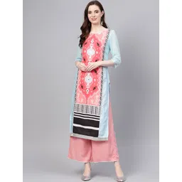 W Women Coral Pink & Blue Printed Panelled Straight Kurta-picture-21