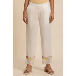 W Women Cotton Straight Fit Trousers With Embroidered Mesh Hemline-picture-32