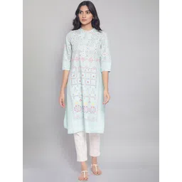 W Women Glacier green Printed Mirror Embroidery Work Kurta-image-41